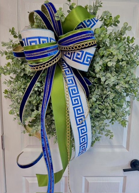 Greek Key Blue/Green Bow