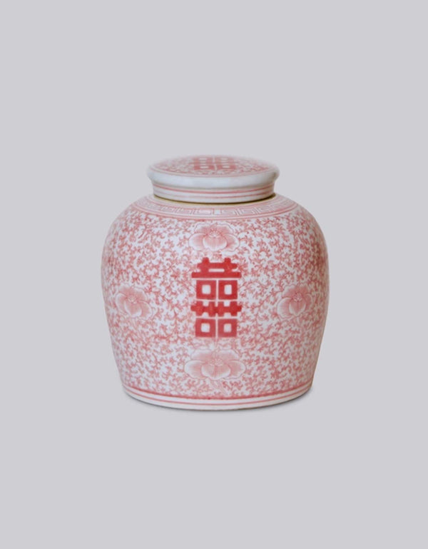Double Happiness symbol red and white porcelain round storage jar from front