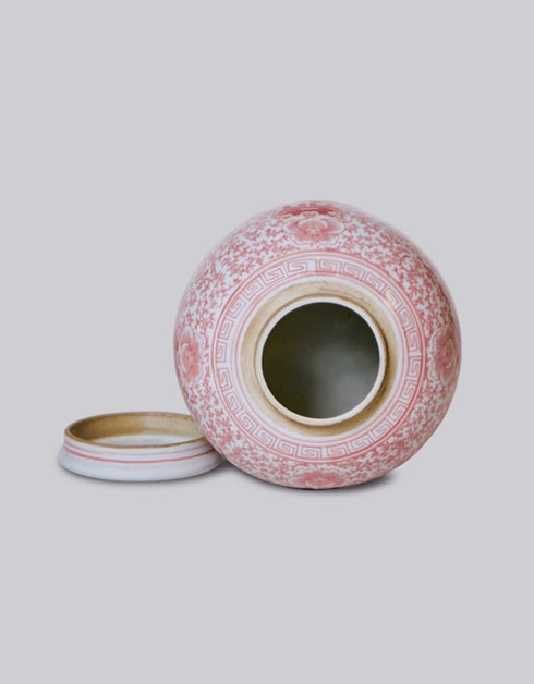 Double Happiness symbol red and white porcelain round storage jar showing inside