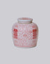 Double Happiness symbol red and white porcelain round storage jar from side