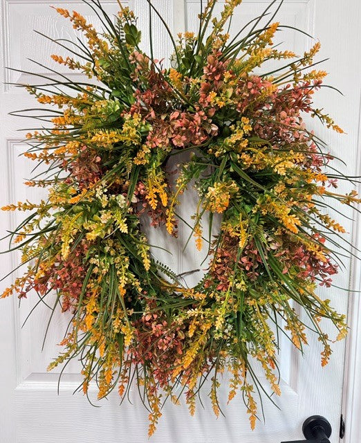 Oval pink/orange mixed greenery wreath
